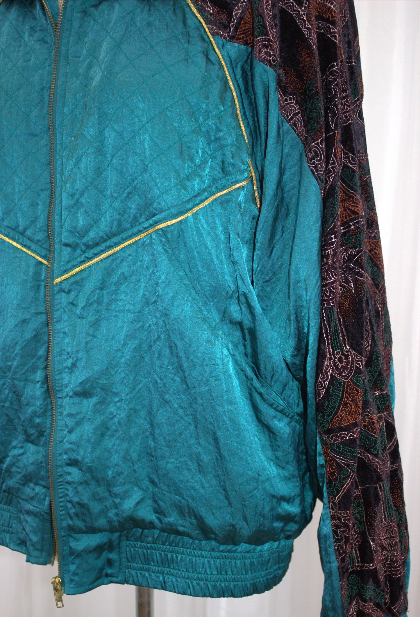 Vintage Teal & Velvet Embroidered Bomber Jacket - Size 12