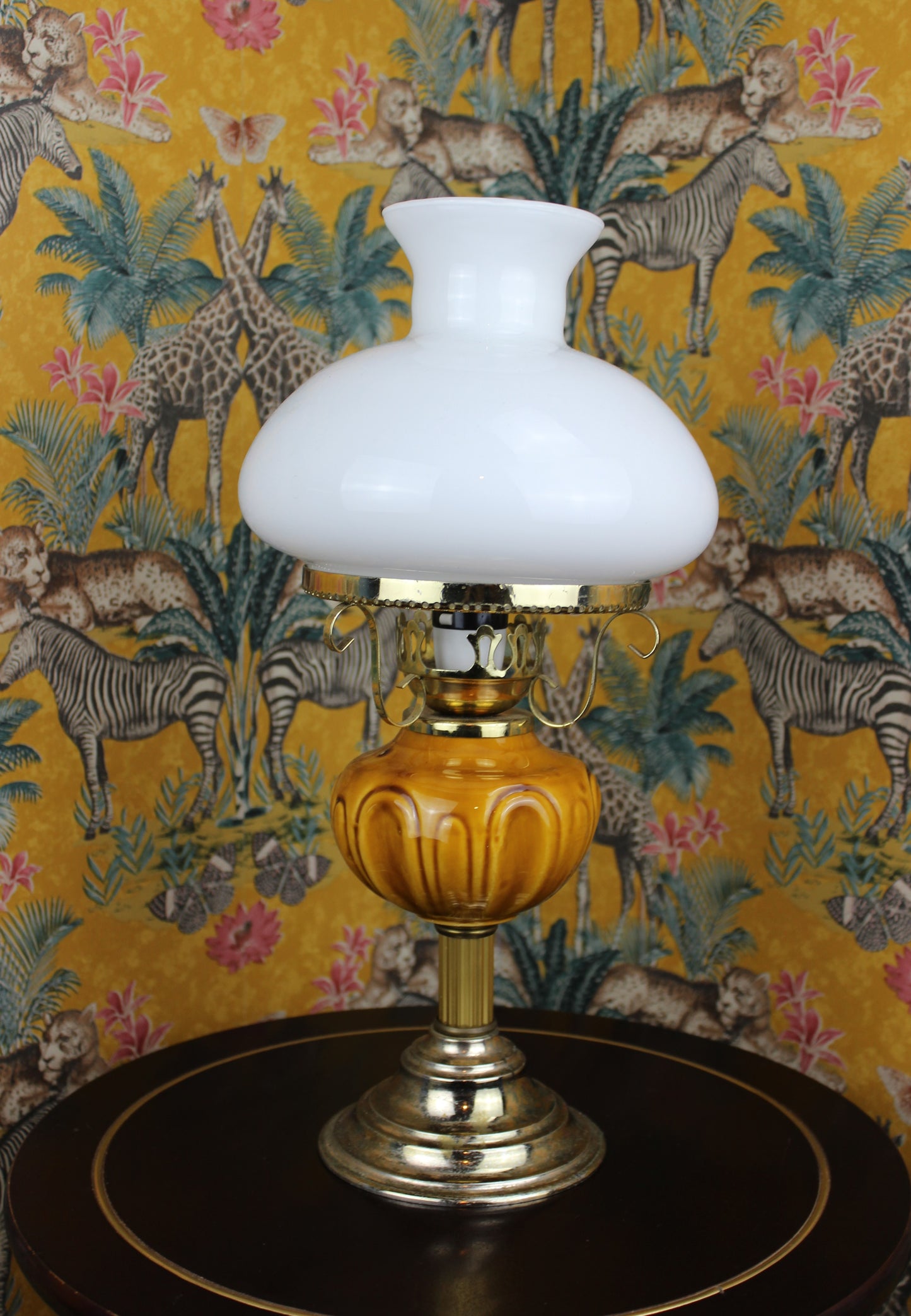 Elegant Vintage Lamp with Amber Glass Base and Removable White Glass Shade