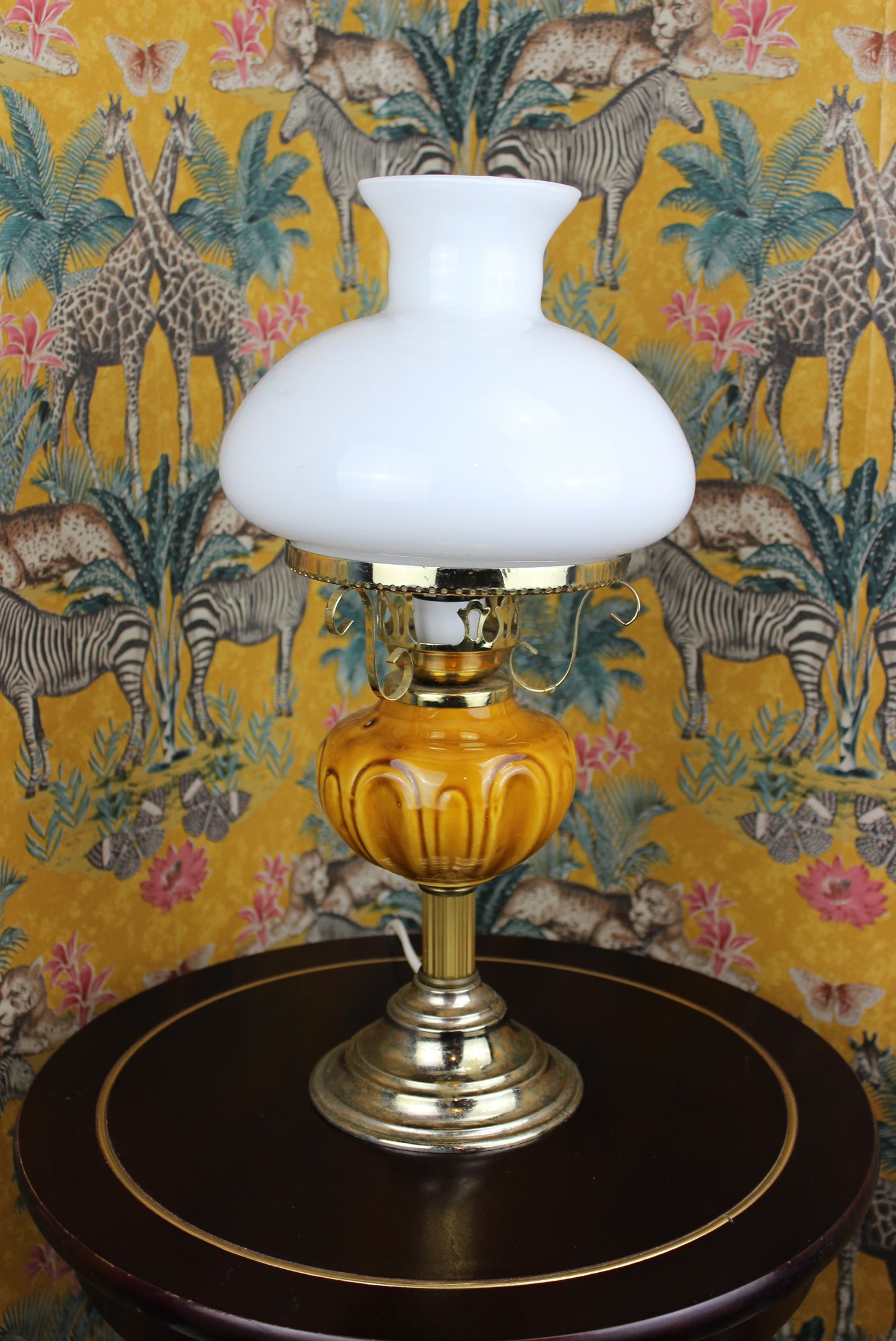 Elegant Vintage Lamp with Amber Glass Base and Removable White Glass Shade