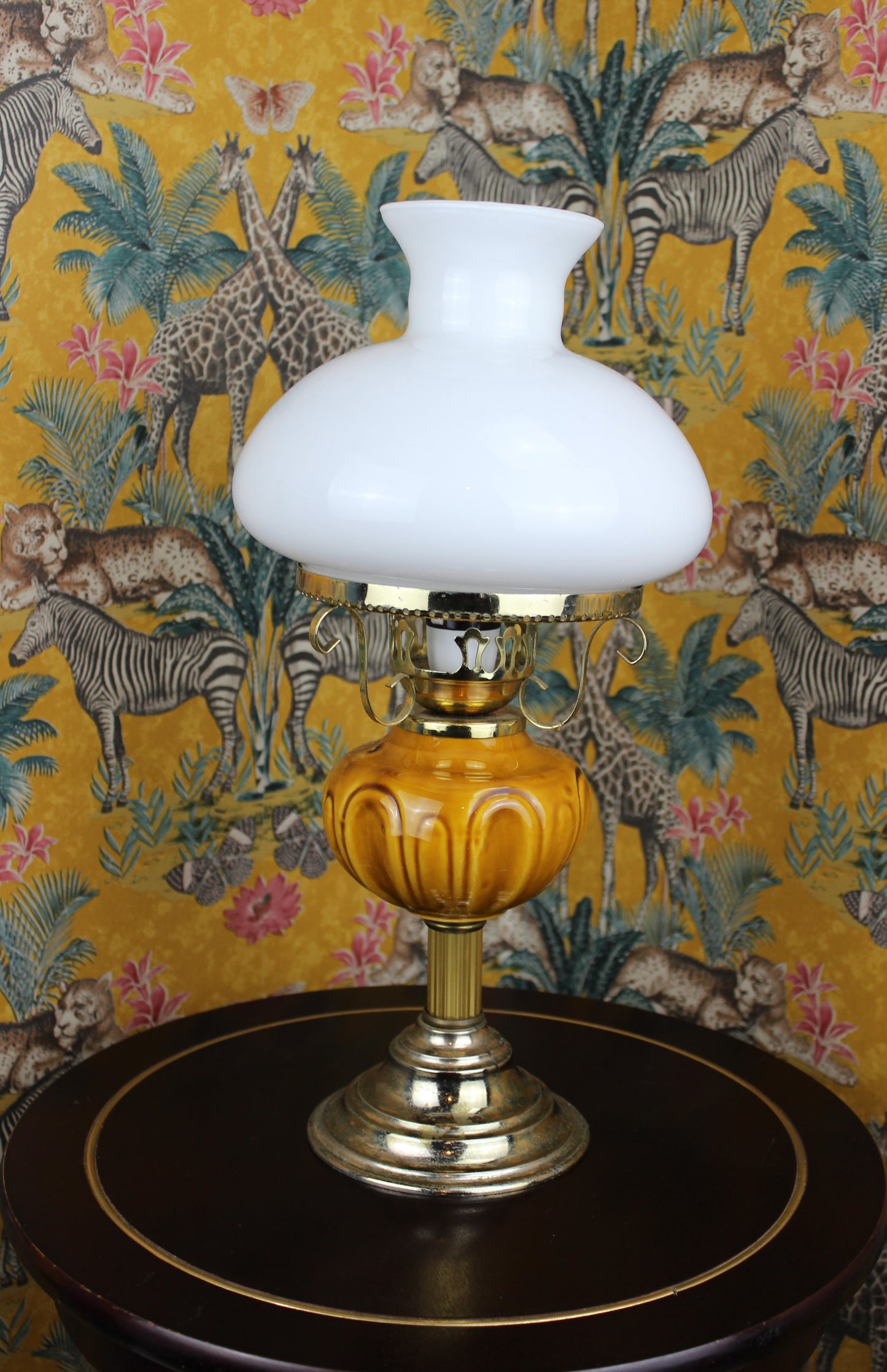 Elegant Vintage Lamp with Amber Glass Base and Removable White Glass Shade