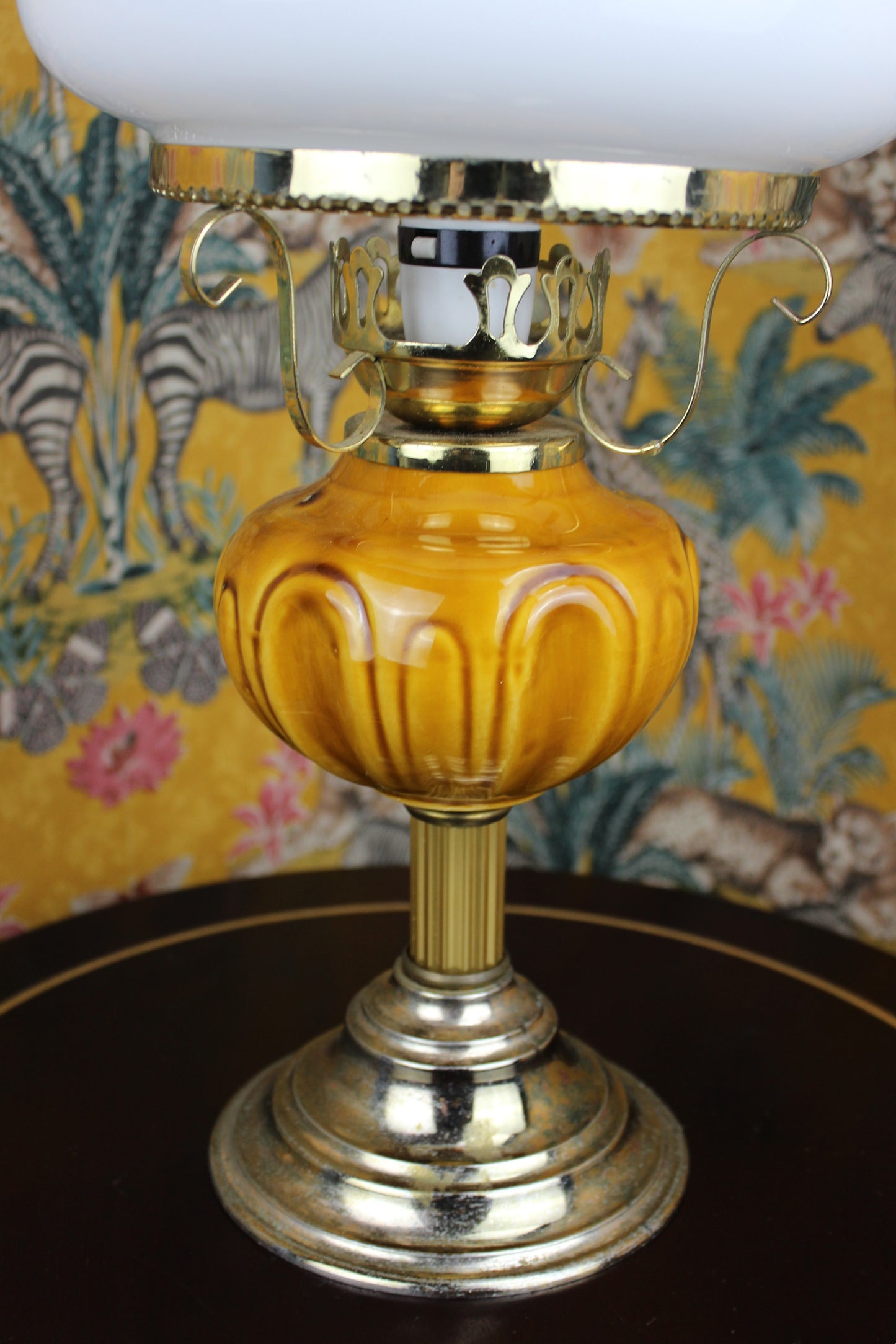 Elegant Vintage Lamp with Amber Glass Base and Removable White Glass Shade