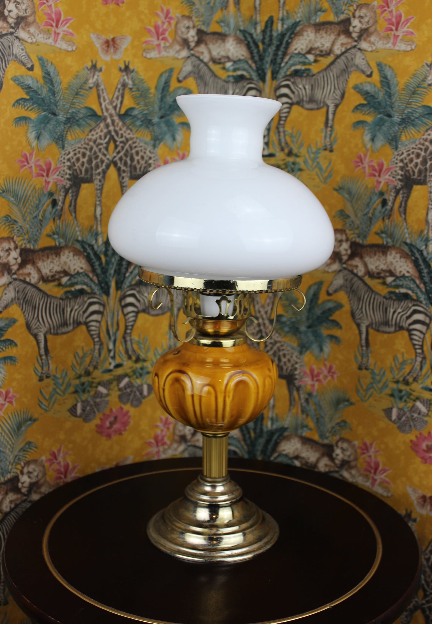Elegant Vintage Lamp with Amber Glass Base and Removable White Glass Shade