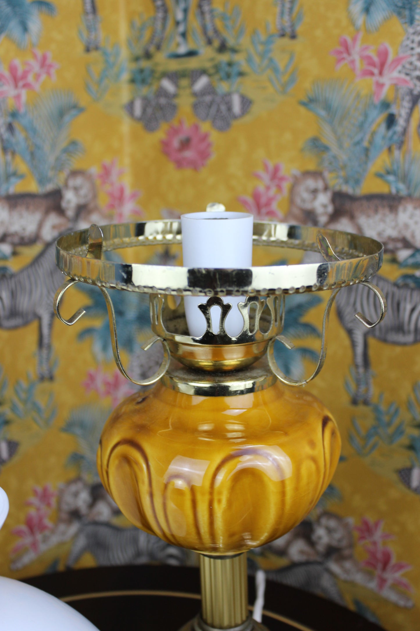 Elegant Vintage Lamp with Amber Glass Base and Removable White Glass Shade