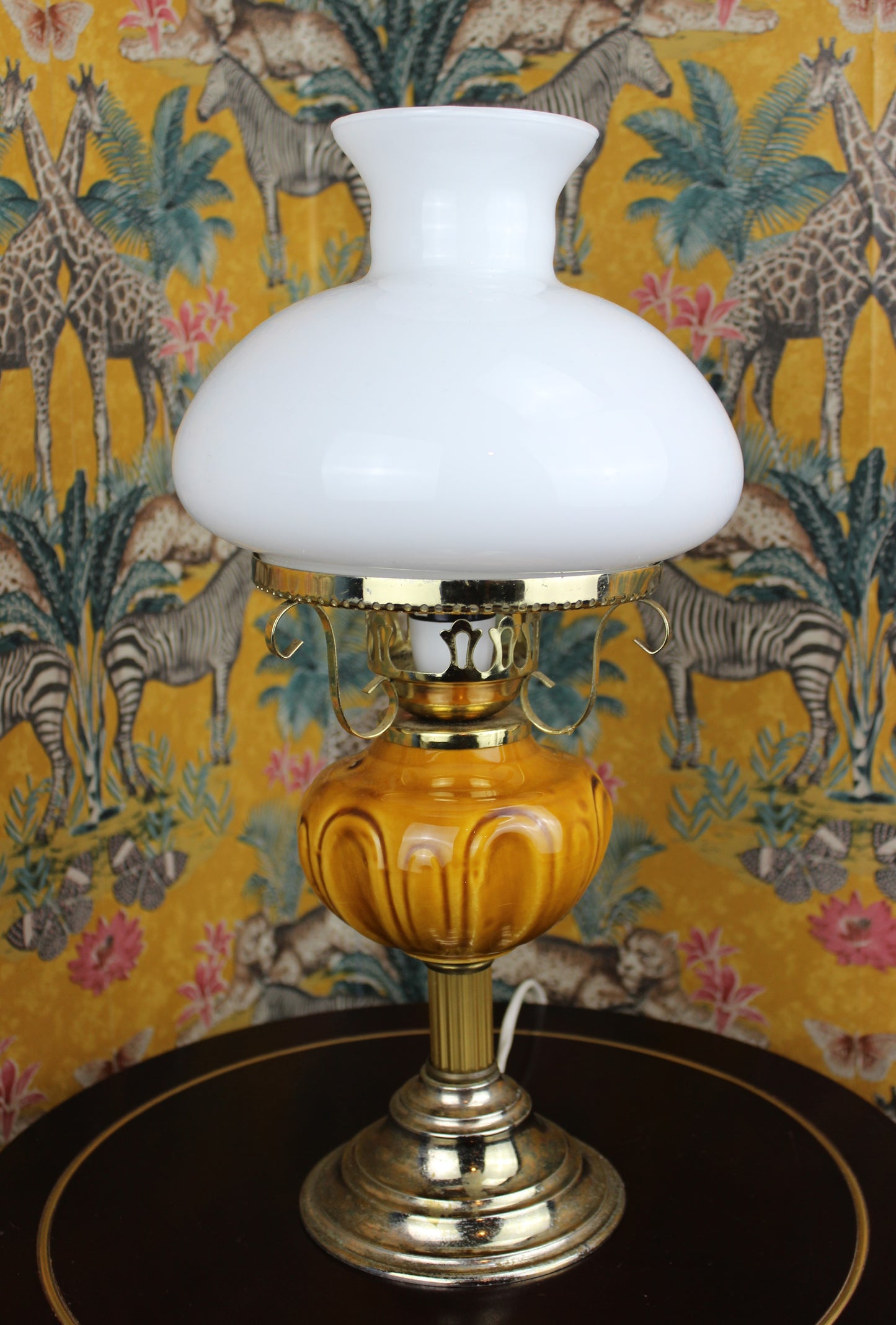 Elegant Vintage Lamp with Amber Glass Base and Removable White Glass Shade