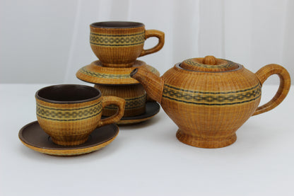 Stunning Handwoven Bamboo Teapot with 3 Cups and Saucers