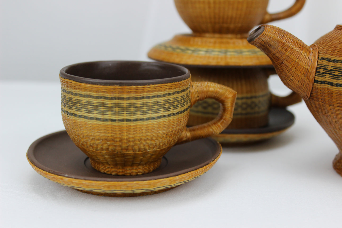 Stunning Handwoven Bamboo Teapot with 3 Cups and Saucers