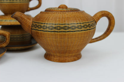 Stunning Handwoven Bamboo Teapot with 3 Cups and Saucers