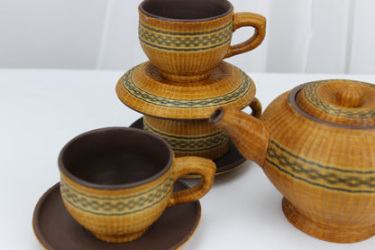 Stunning Handwoven Bamboo Teapot with 3 Cups and Saucers