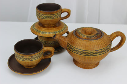 Stunning Handwoven Bamboo Teapot with 3 Cups and Saucers