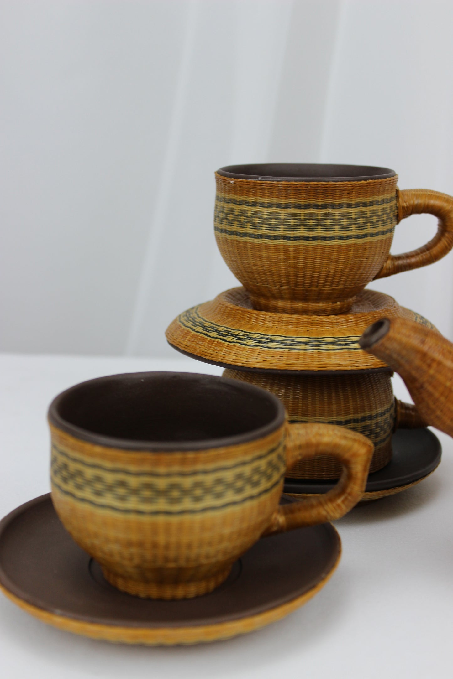 Stunning Handwoven Bamboo Teapot with 3 Cups and Saucers