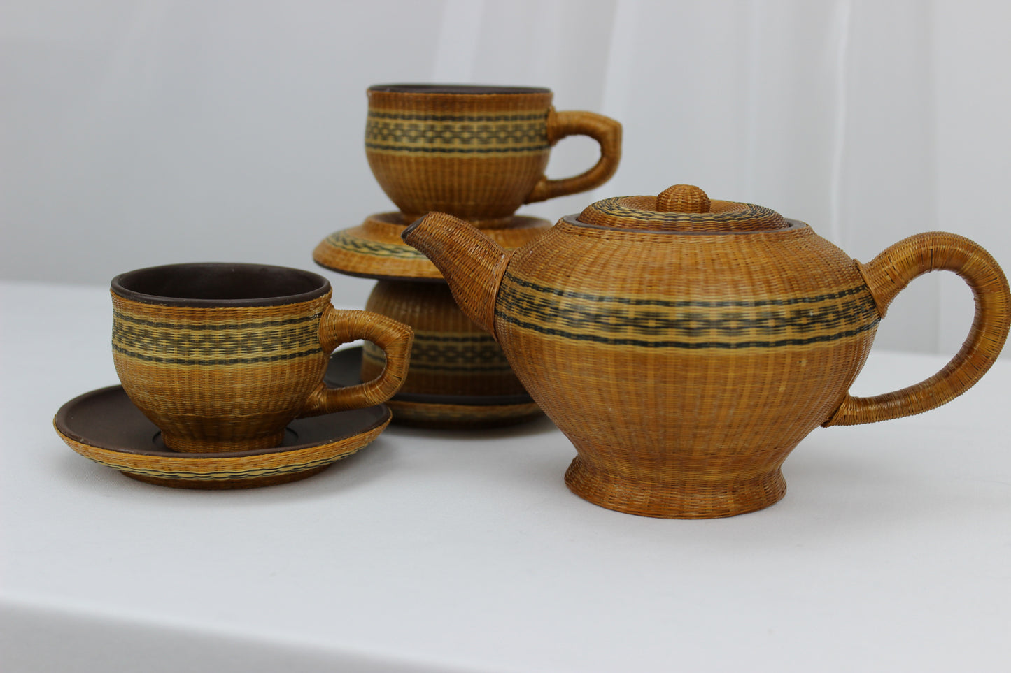 Stunning Handwoven Bamboo Teapot with 3 Cups and Saucers