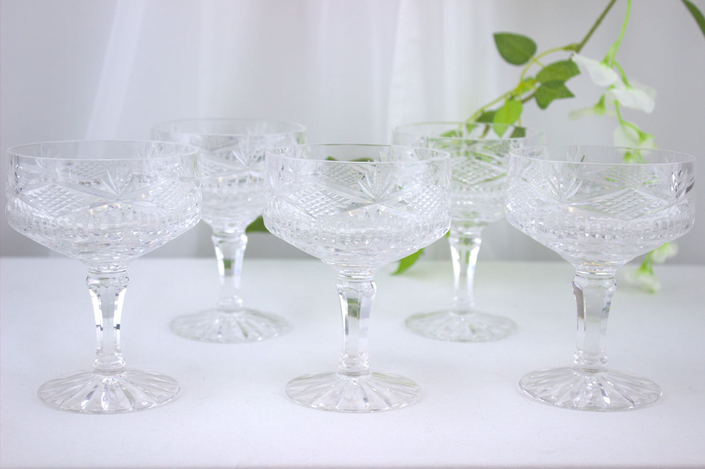 Enchanting set of 5 Tyrone Crystal Dessert/Champagne glasses - with Tyrone Marking on Base