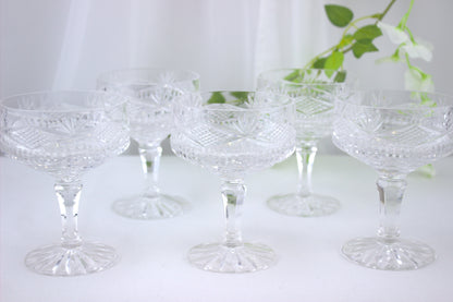 Enchanting set of 5 Tyrone Crystal Dessert/Champagne glasses - with Tyrone Marking on Base