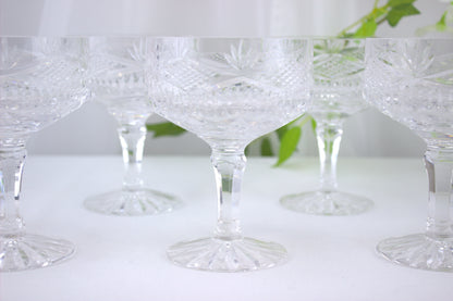 Enchanting set of 5 Tyrone Crystal Dessert/Champagne glasses - with Tyrone Marking on Base