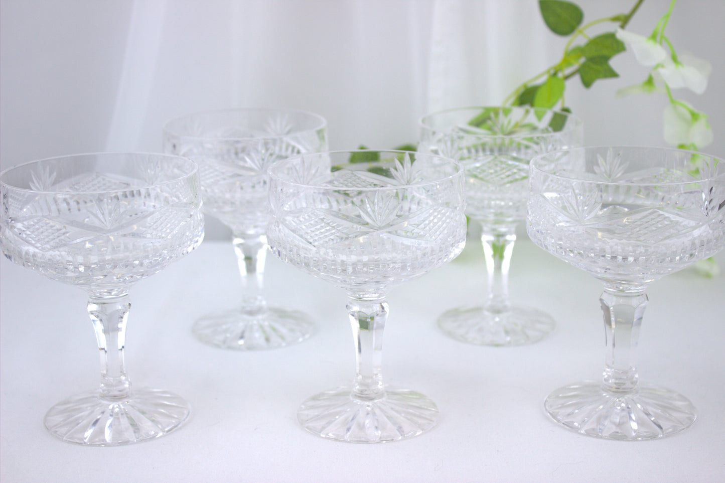 Enchanting set of 5 Tyrone Crystal Dessert/Champagne glasses - with Tyrone Marking on Base