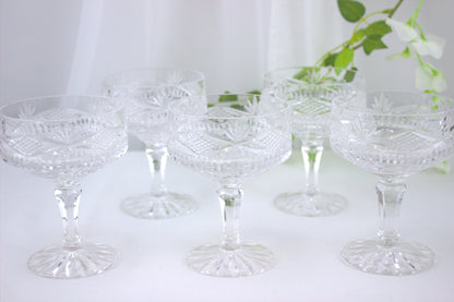 Enchanting set of 5 Tyrone Crystal Dessert/Champagne glasses - with Tyrone Marking on Base