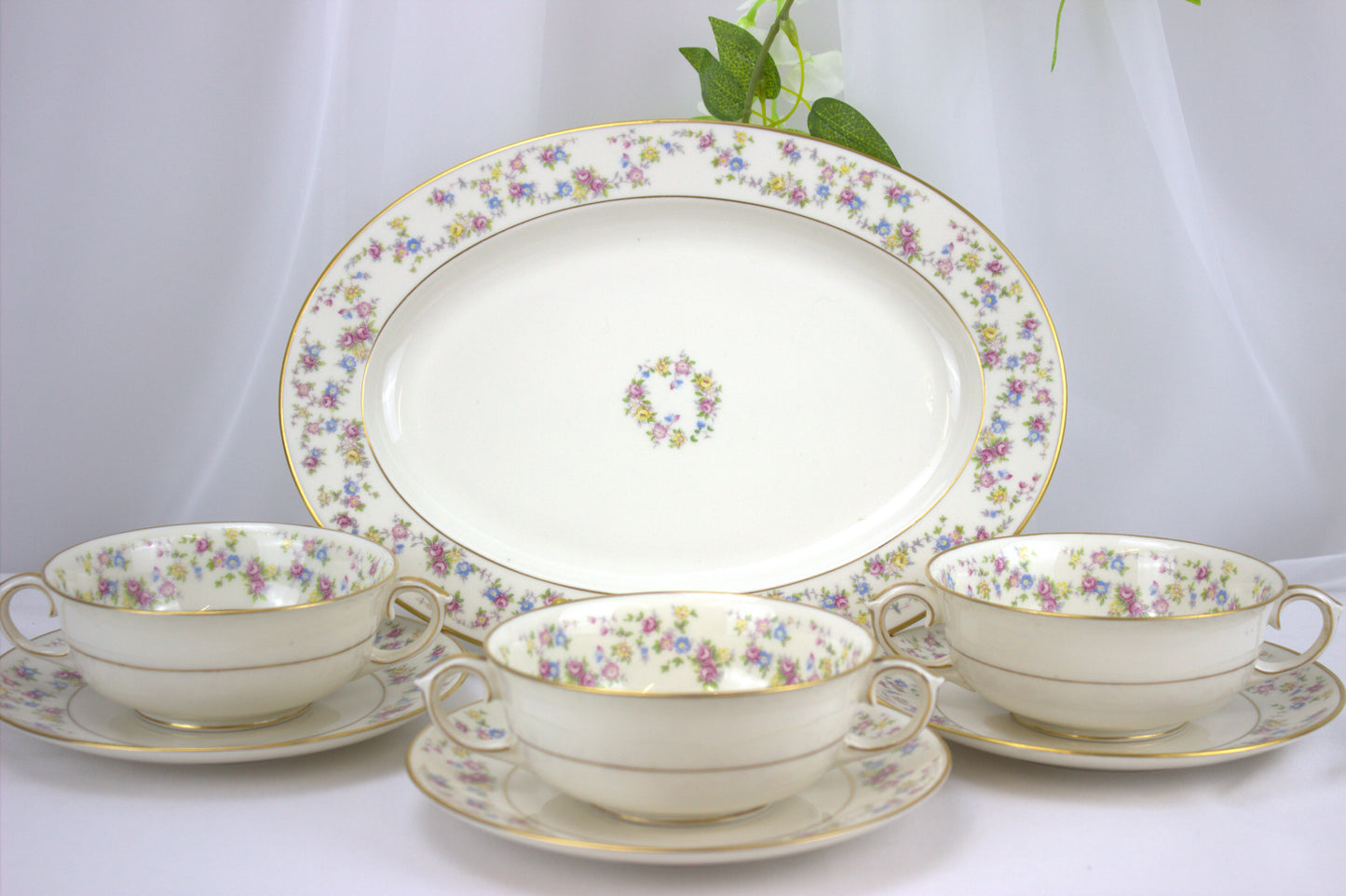 True Vintage Floral Lamberton Ivory China Soup and 12" Serving Dish - 1952