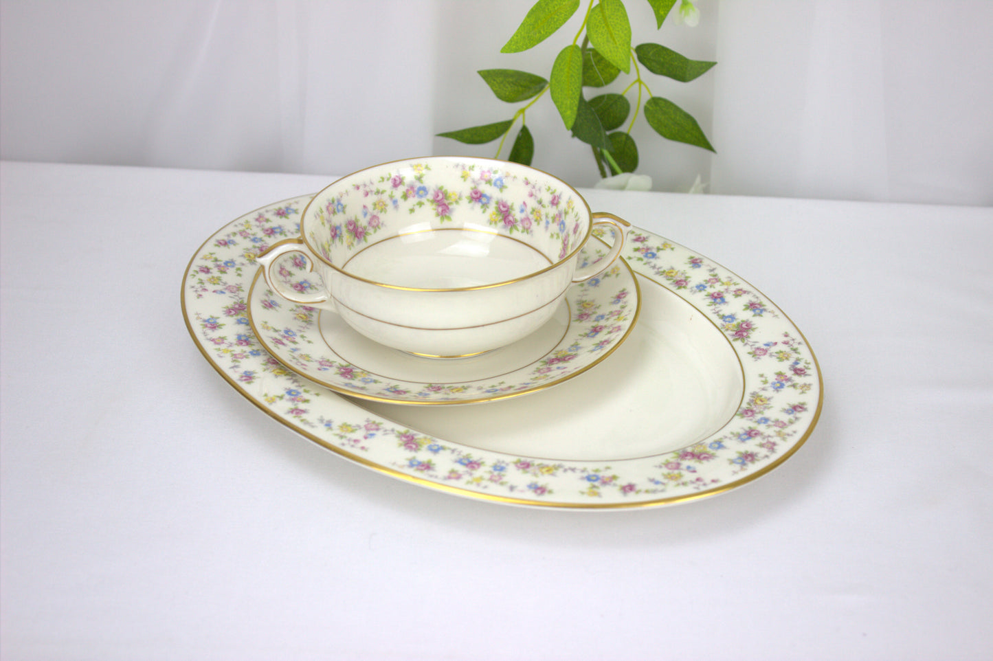 True Vintage Floral Lamberton Ivory China Soup and 12" Serving Dish - 1952