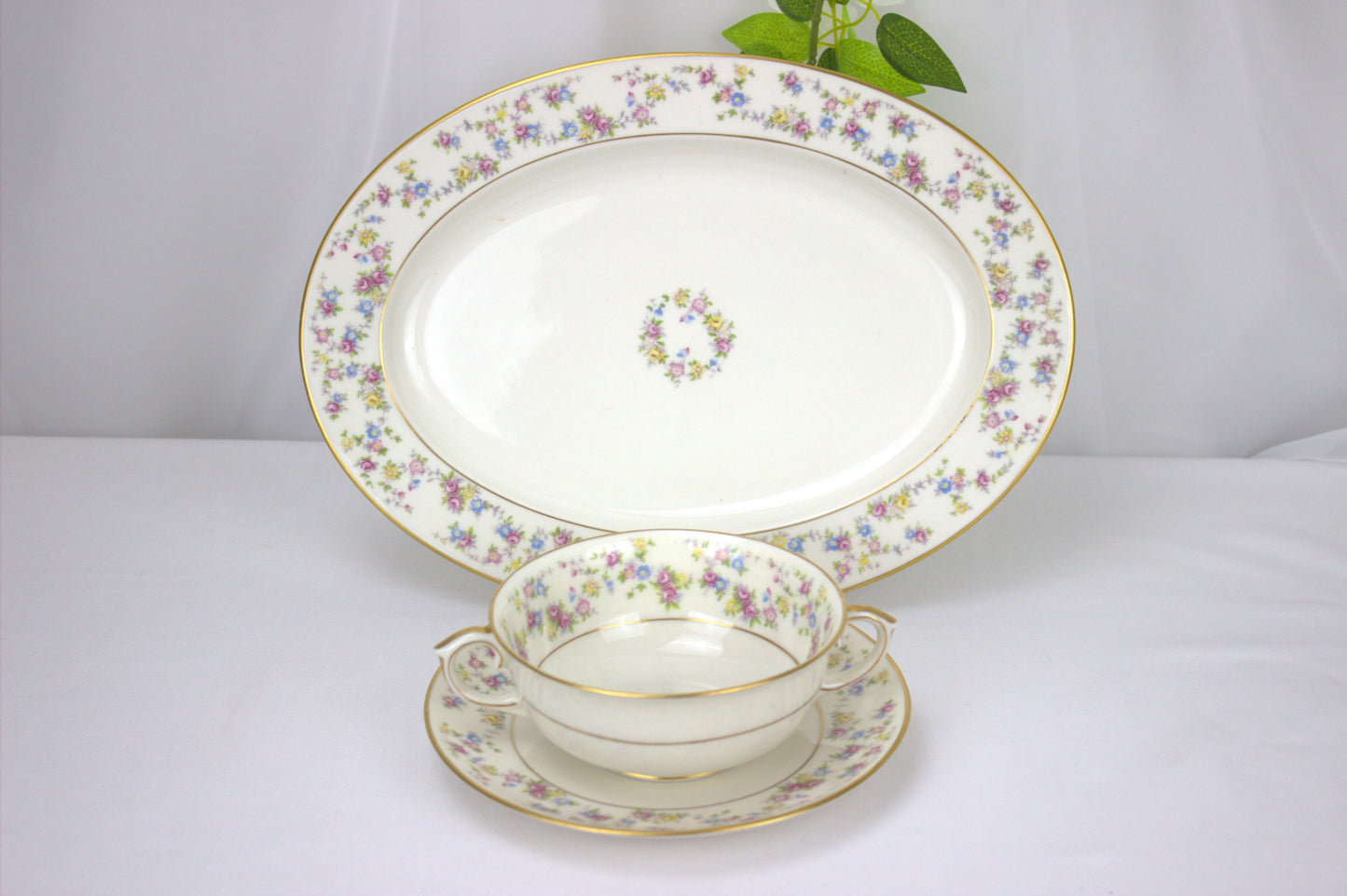 True Vintage Floral Lamberton Ivory China Soup and 12" Serving Dish - 1952