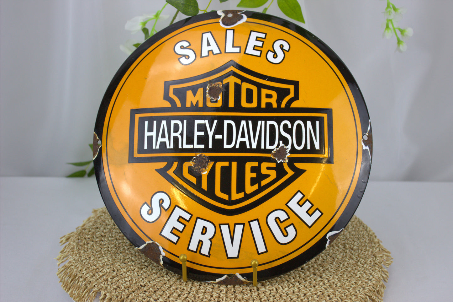 Vintage Harley-Davidson Motorcycle Sales and Service Enamel Porcelain Sign with lovely patina