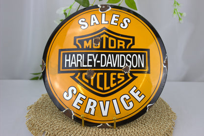 Vintage Harley-Davidson Motorcycle Sales and Service Enamel Porcelain Sign with lovely patina