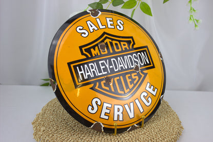 Vintage Harley-Davidson Motorcycle Sales and Service Enamel Porcelain Sign with lovely patina