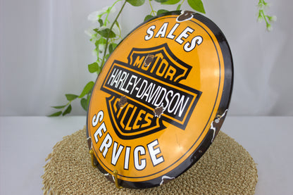 Vintage Harley-Davidson Motorcycle Sales and Service Enamel Porcelain Sign with lovely patina