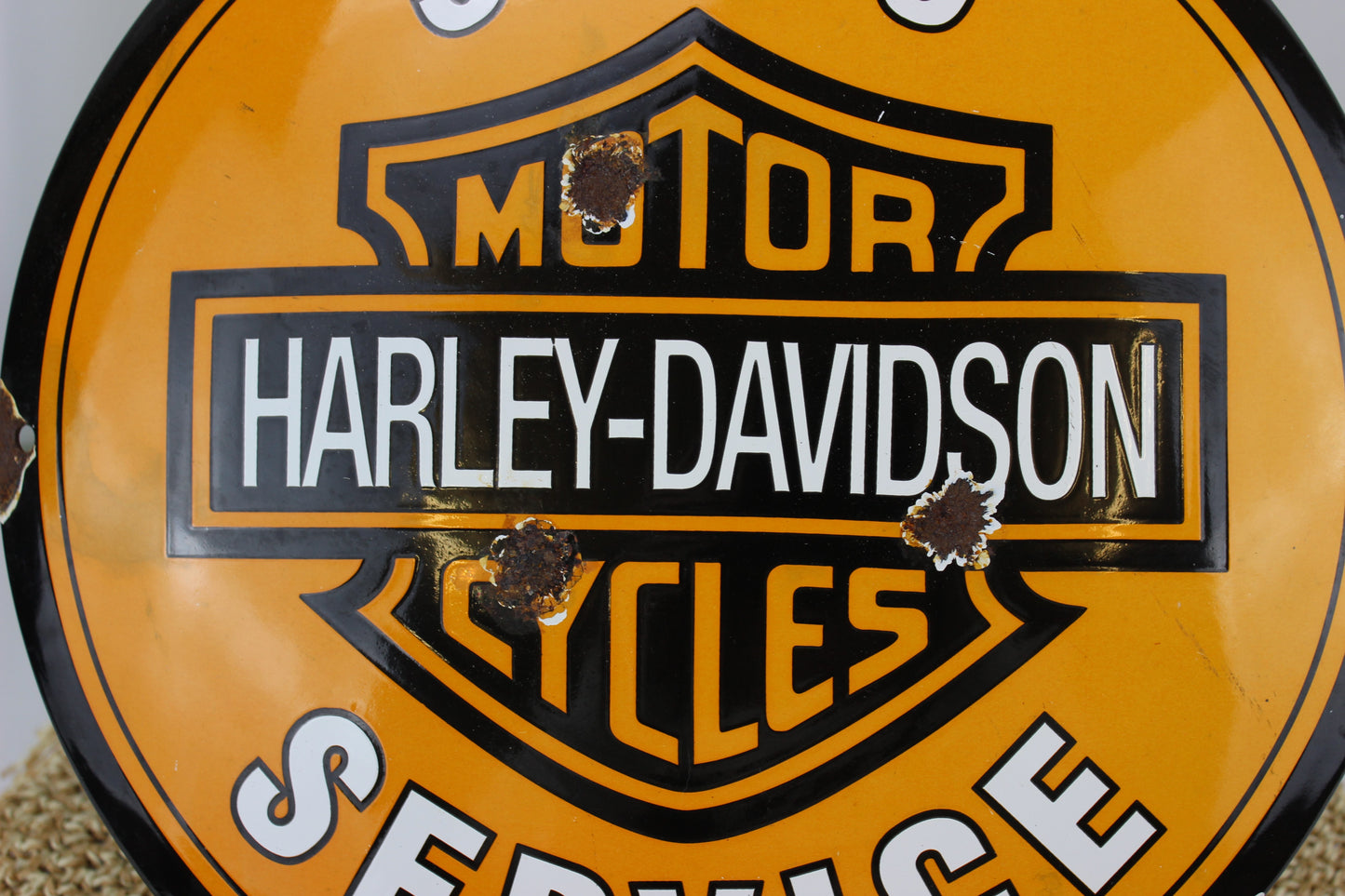 Vintage Harley-Davidson Motorcycle Sales and Service Enamel Porcelain Sign with lovely patina