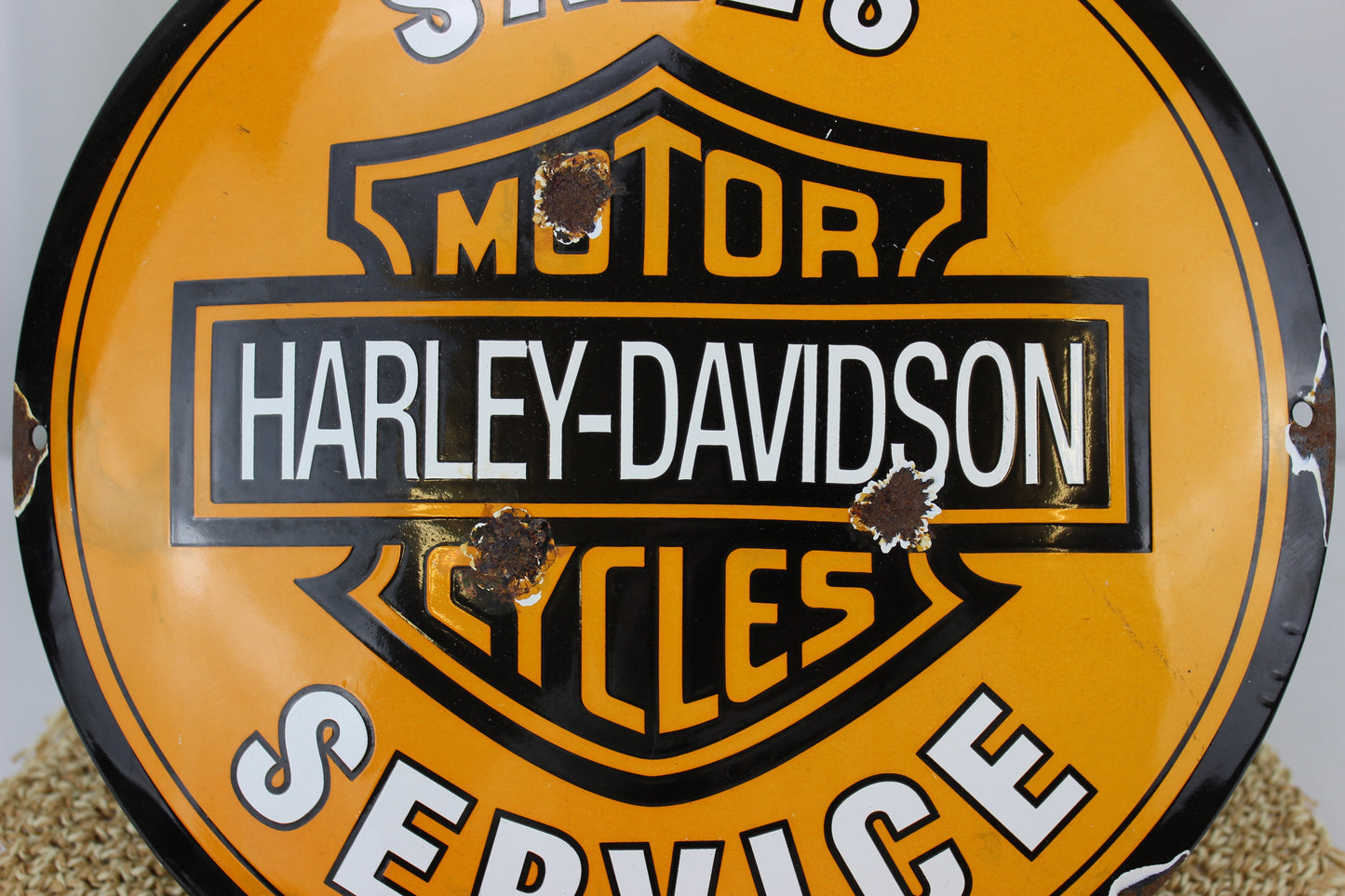 Vintage Harley-Davidson Motorcycle Sales and Service Enamel Porcelain Sign with lovely patina