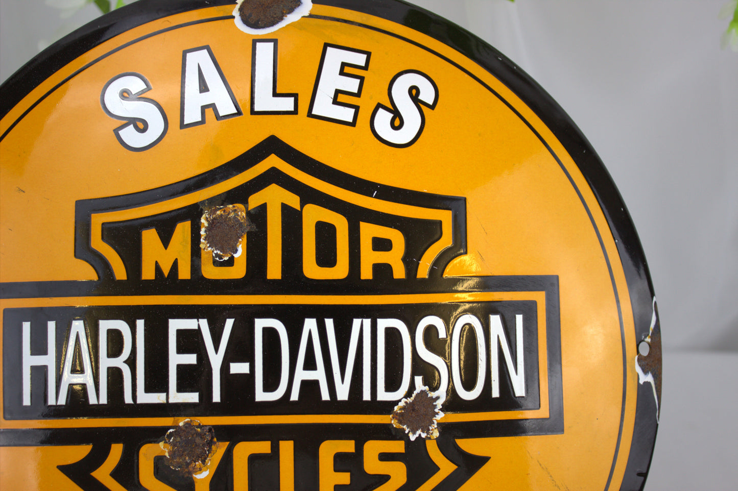 Vintage Harley-Davidson Motorcycle Sales and Service Enamel Porcelain Sign with lovely patina