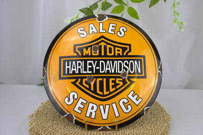 Vintage Harley-Davidson Motorcycle Sales and Service Enamel Porcelain Sign with lovely patina