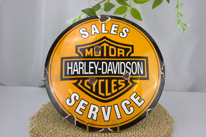 Vintage Harley-Davidson Motorcycle Sales and Service Enamel Porcelain Sign with lovely patina