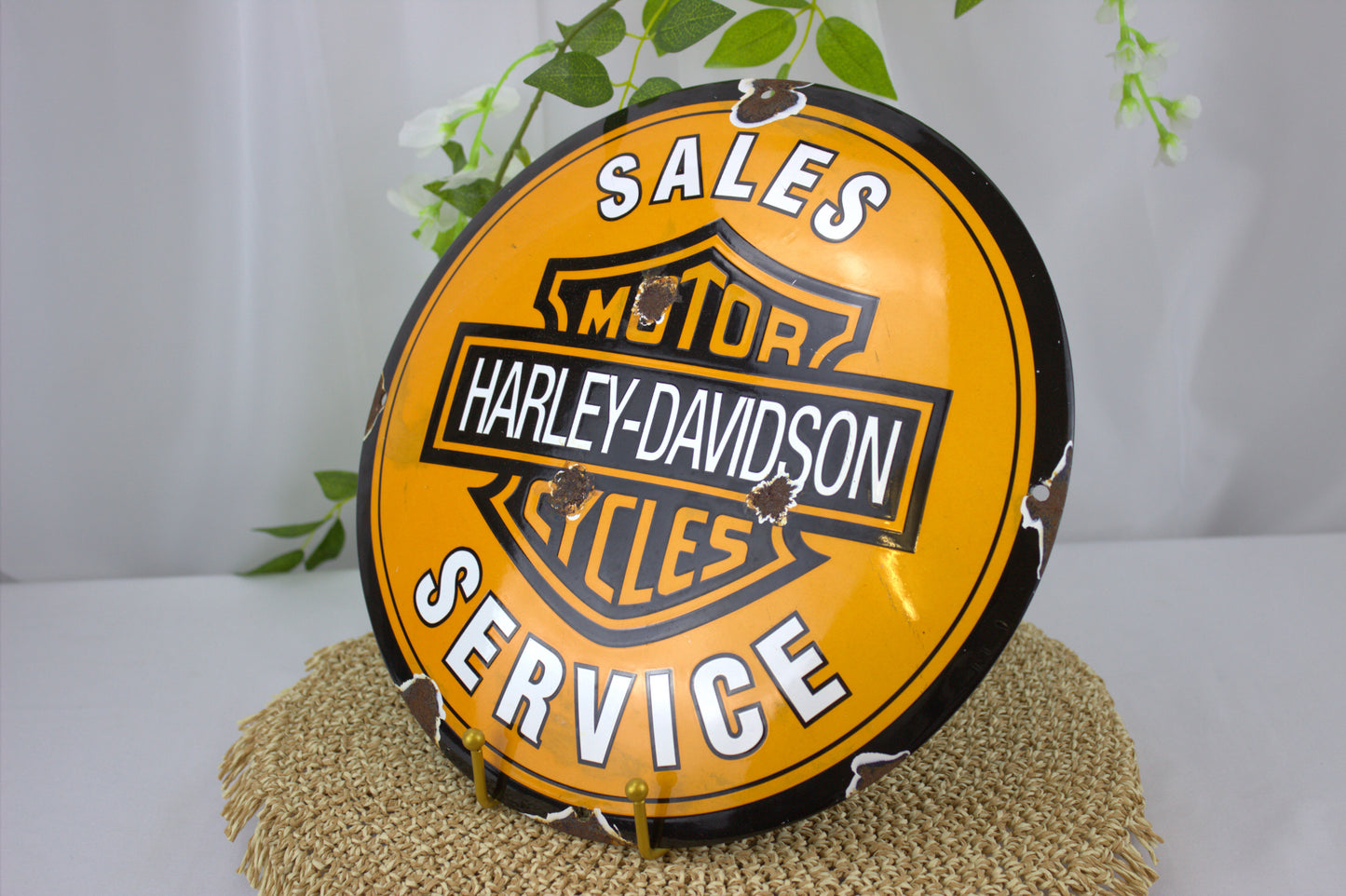 Vintage Harley-Davidson Motorcycle Sales and Service Enamel Porcelain Sign with lovely patina