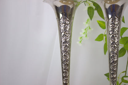 Stunning Pair of Silver Plated Trumpet Form Edwardian Stem Vases, approx 14 inches high