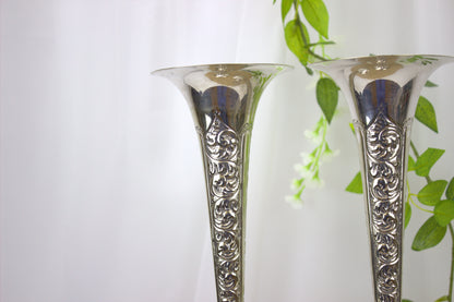 Stunning Pair of Silver Plated Trumpet Form Edwardian Stem Vases, approx 14 inches high