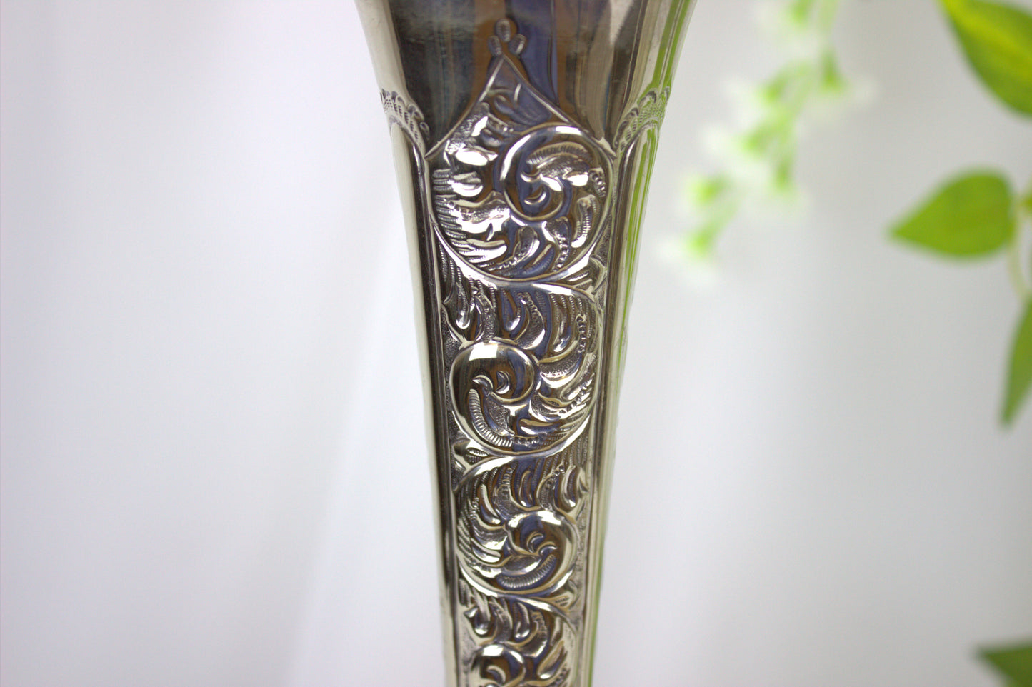 Stunning Pair of Silver Plated Trumpet Form Edwardian Stem Vases, approx 14 inches high