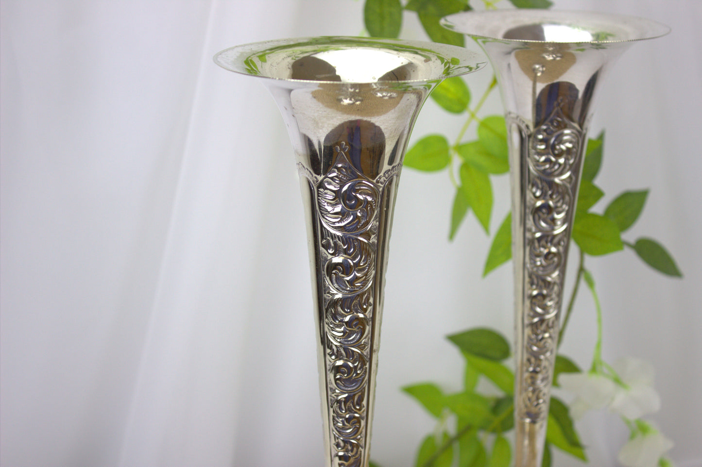 Stunning Pair of Silver Plated Trumpet Form Edwardian Stem Vases, approx 14 inches high