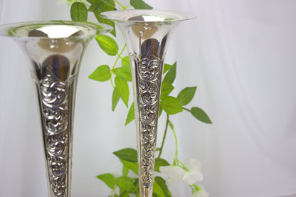 Stunning Pair of Silver Plated Trumpet Form Edwardian Stem Vases, approx 14 inches high