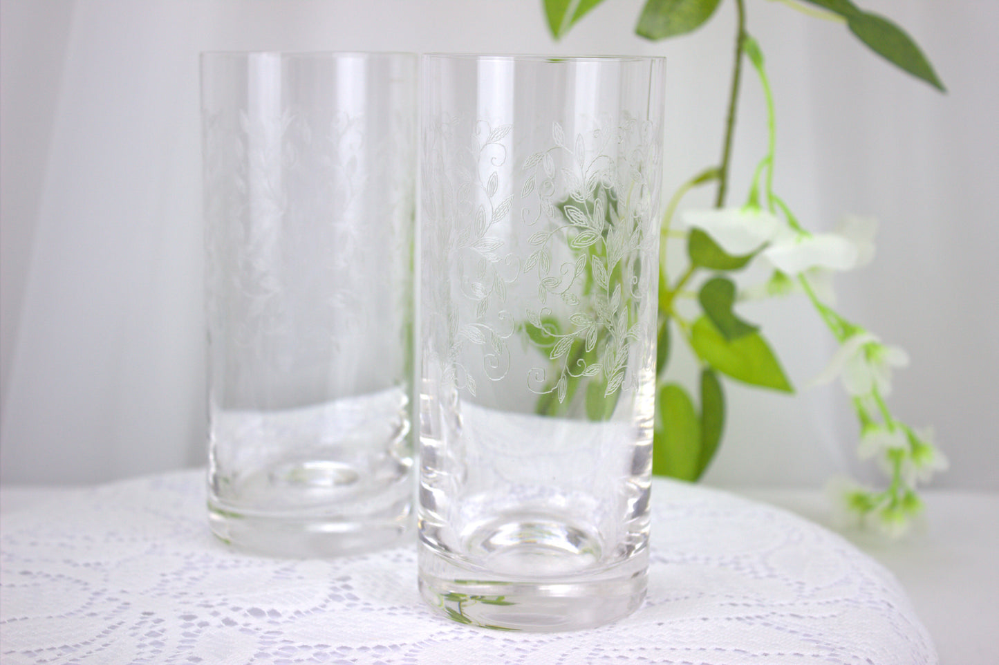 Pair of Dainty Etched Leaf and Vine Highball Glasses - Perfect for summer cocktails - 1980's