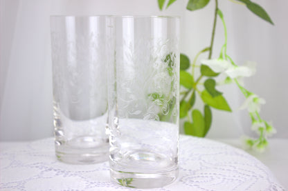 Pair of Dainty Etched Leaf and Vine Highball Glasses - Perfect for summer cocktails - 1980's