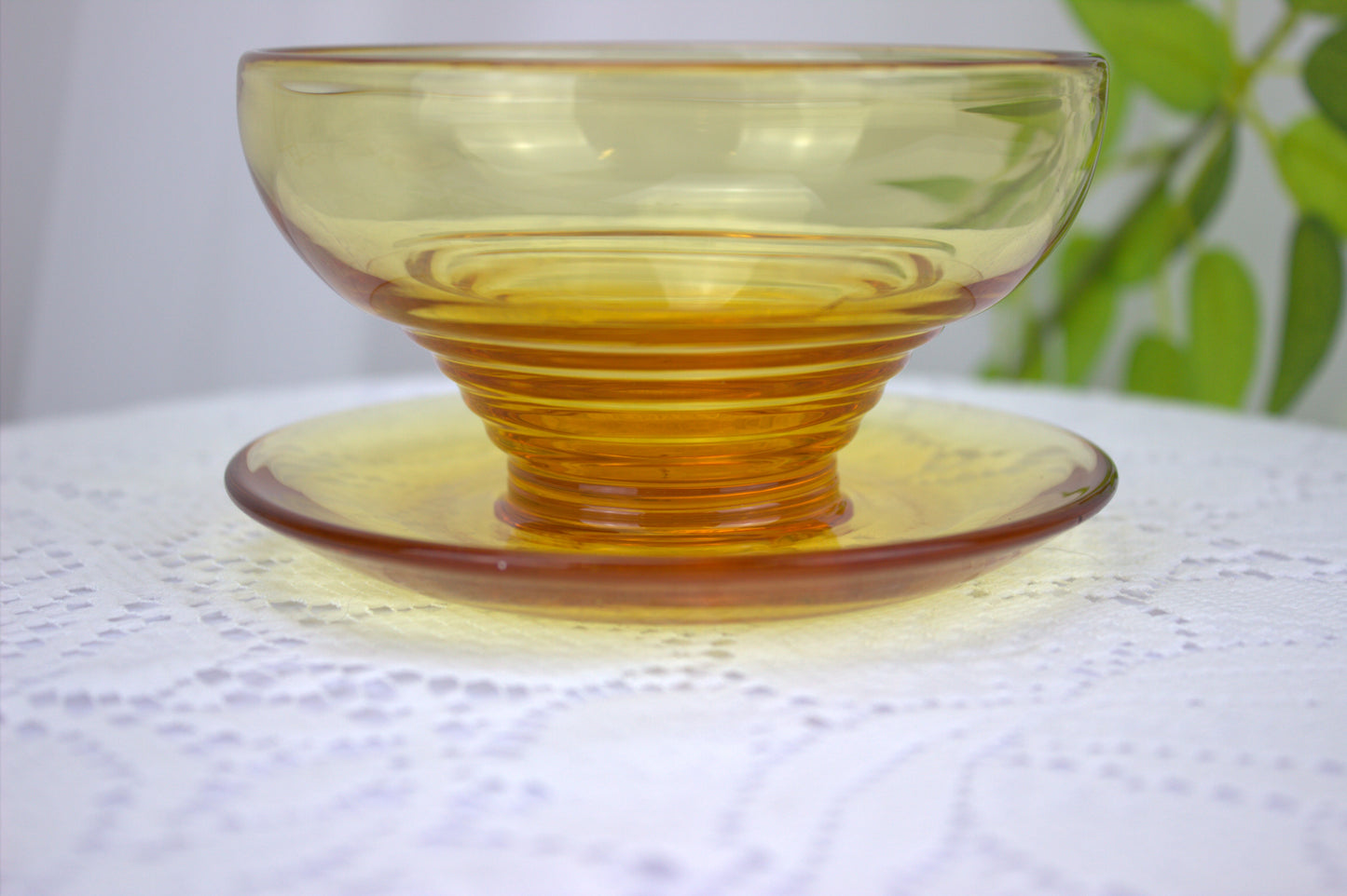 4 x 1930's Art Deco Stuart Crystal Amber Stratford Rings dessert bowls