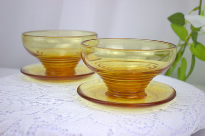 4 x 1930's Art Deco Stuart Crystal Amber Stratford Rings dessert bowls