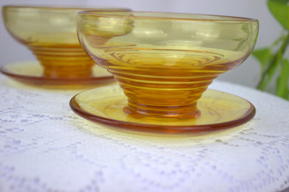 4 x 1930's Art Deco Stuart Crystal Amber Stratford Rings dessert bowls