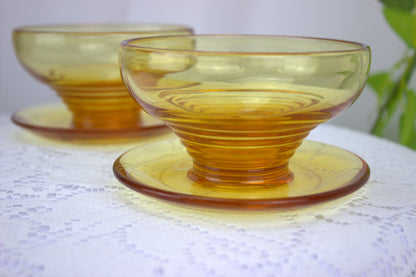 4 x 1930's Art Deco Stuart Crystal Amber Stratford Rings dessert bowls