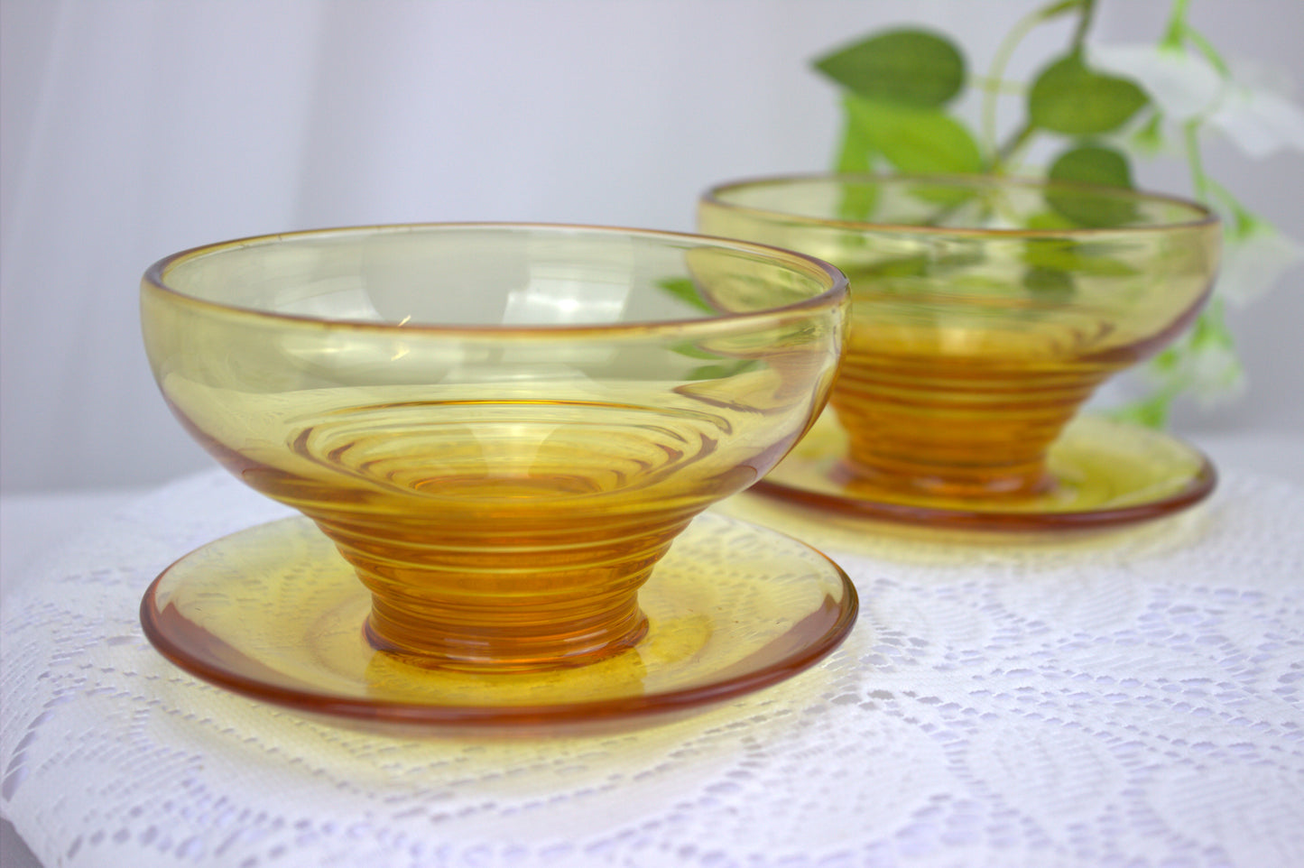 4 x 1930's Art Deco Stuart Crystal Amber Stratford Rings dessert bowls