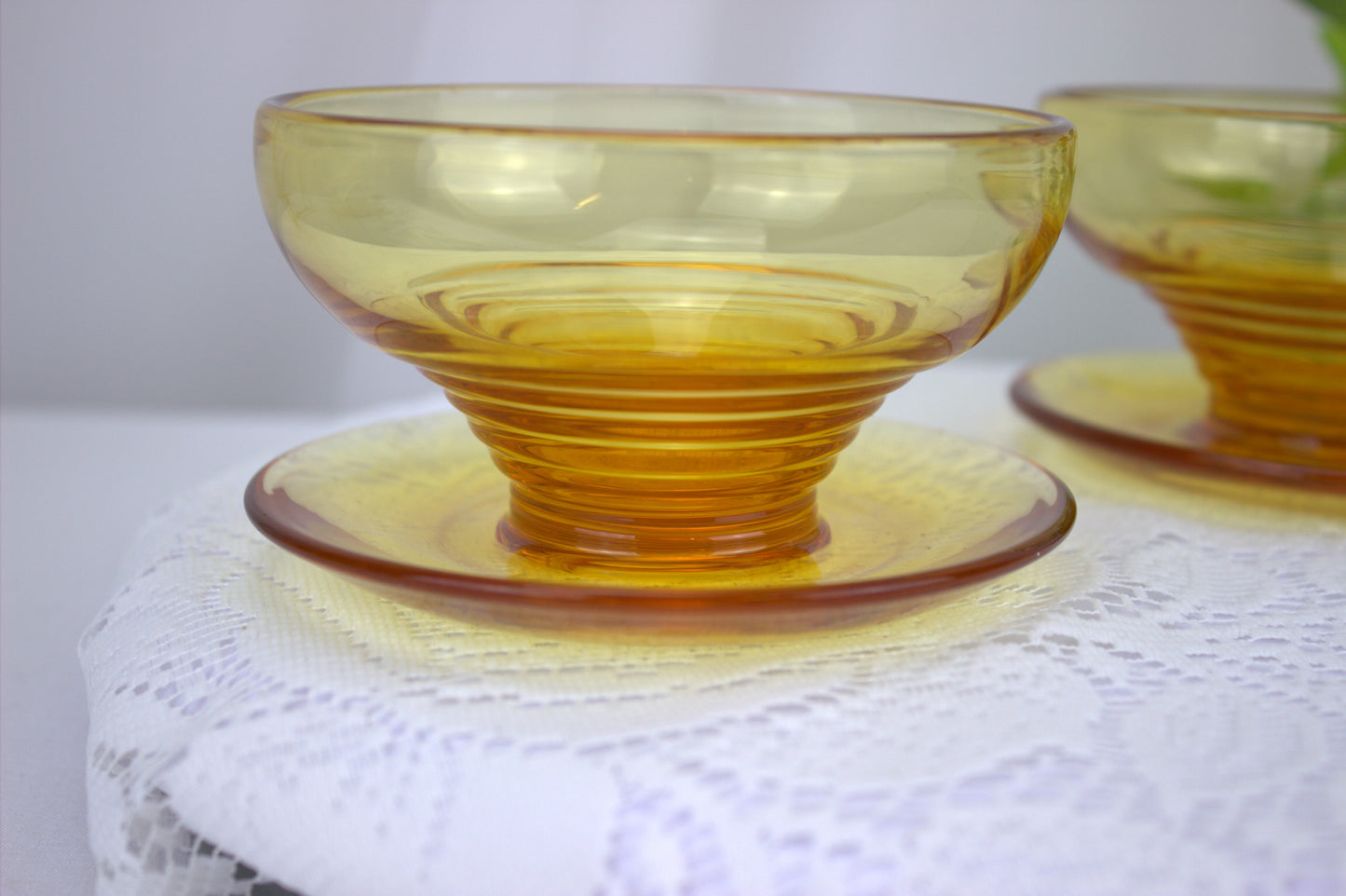 4 x 1930's Art Deco Stuart Crystal Amber Stratford Rings dessert bowls