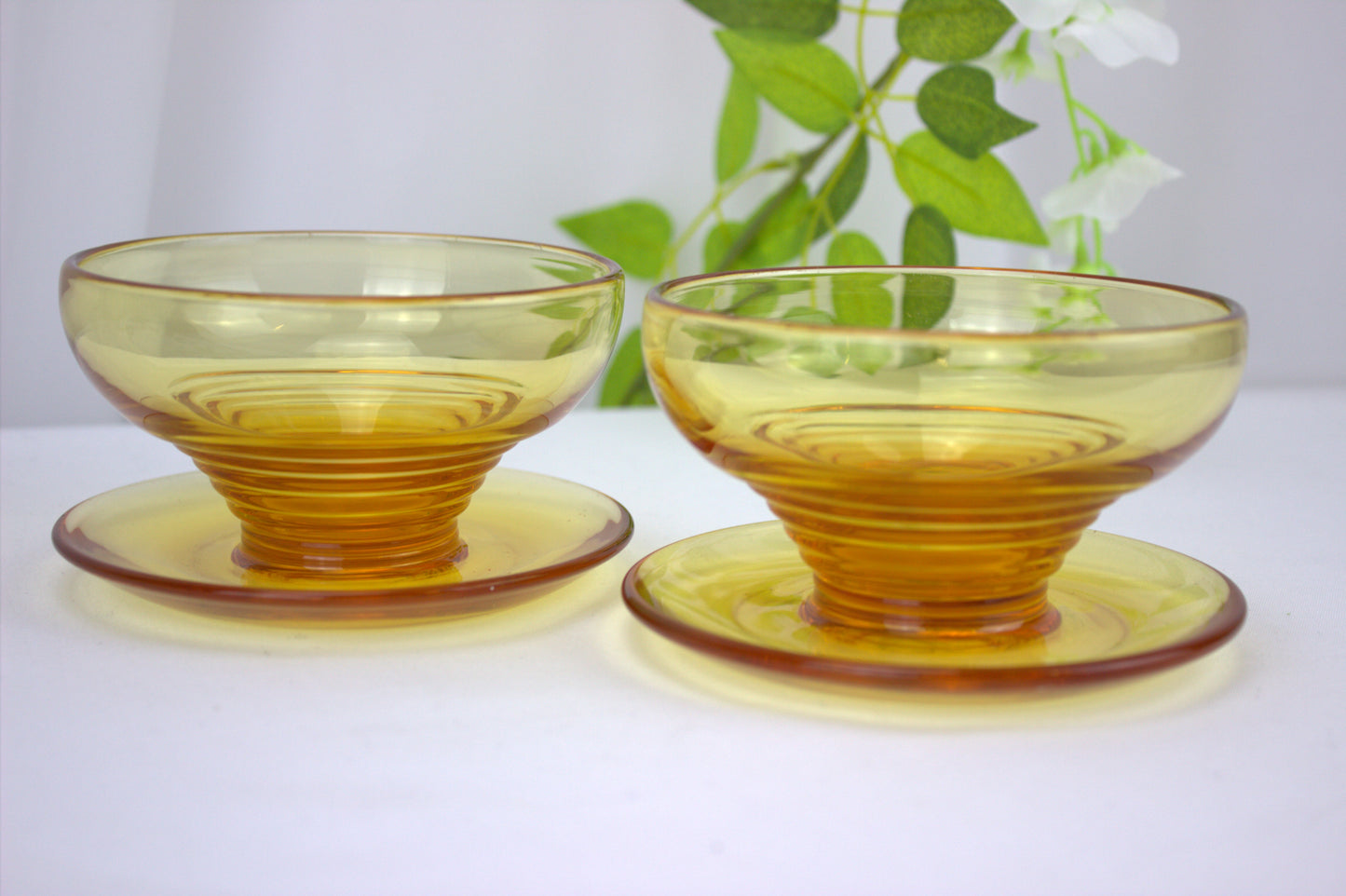 4 x 1930's Art Deco Stuart Crystal Amber Stratford Rings dessert bowls