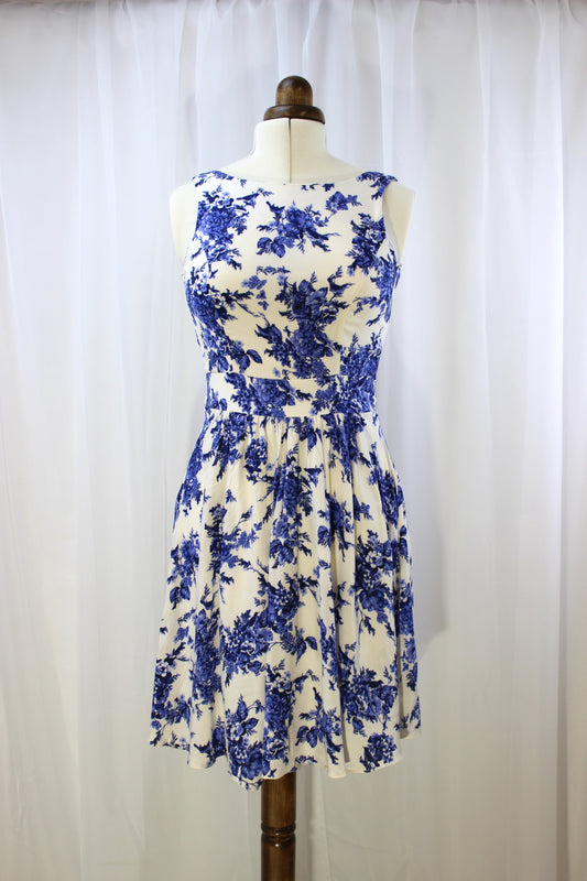 Blue and White Classic A-Line Dress - Size 10