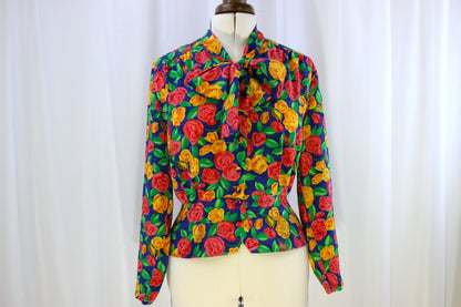 Exquisite Vintage Blouse - Blue with Pink and Yellow Flowers - Size 12