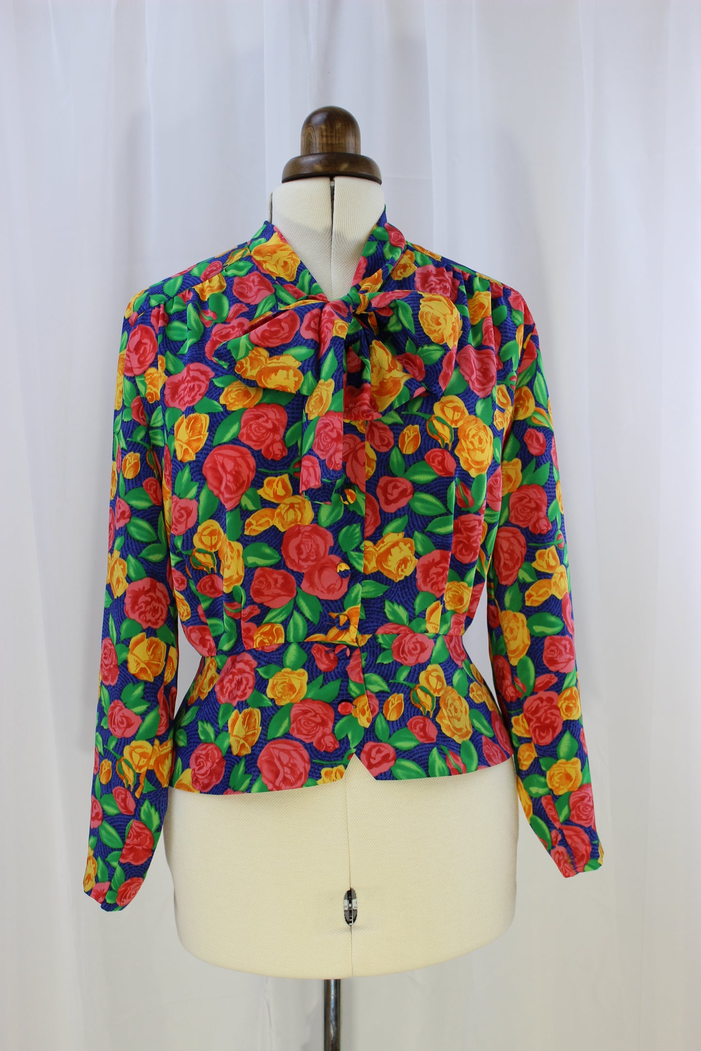 Exquisite Vintage Blouse - Blue with Pink and Yellow Flowers - Size 12